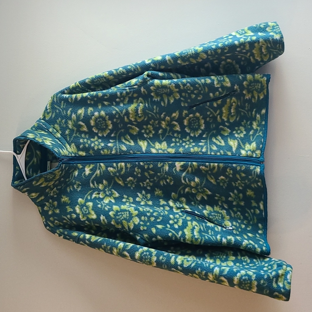 Vintage L.L. Bean Fleece Jacket Sweater Green and Blue Floral Full Zip
